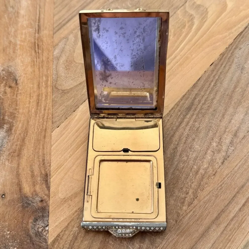 1930s Art Deco Black Enamel Rhinestone Compact Balcano Makeup Case Rouge Luxury